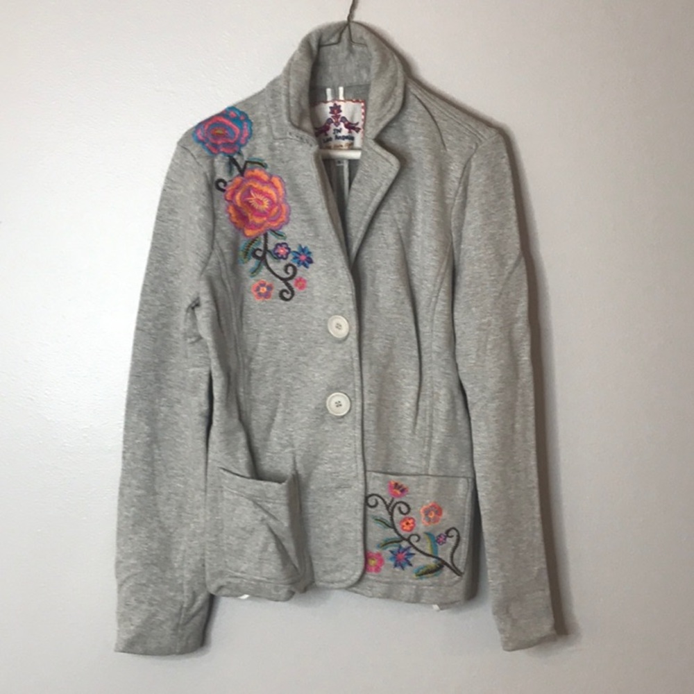 JWLA Johnny Was Los Angeles Heather Grey Floral Embroidered Cotton Blazer
